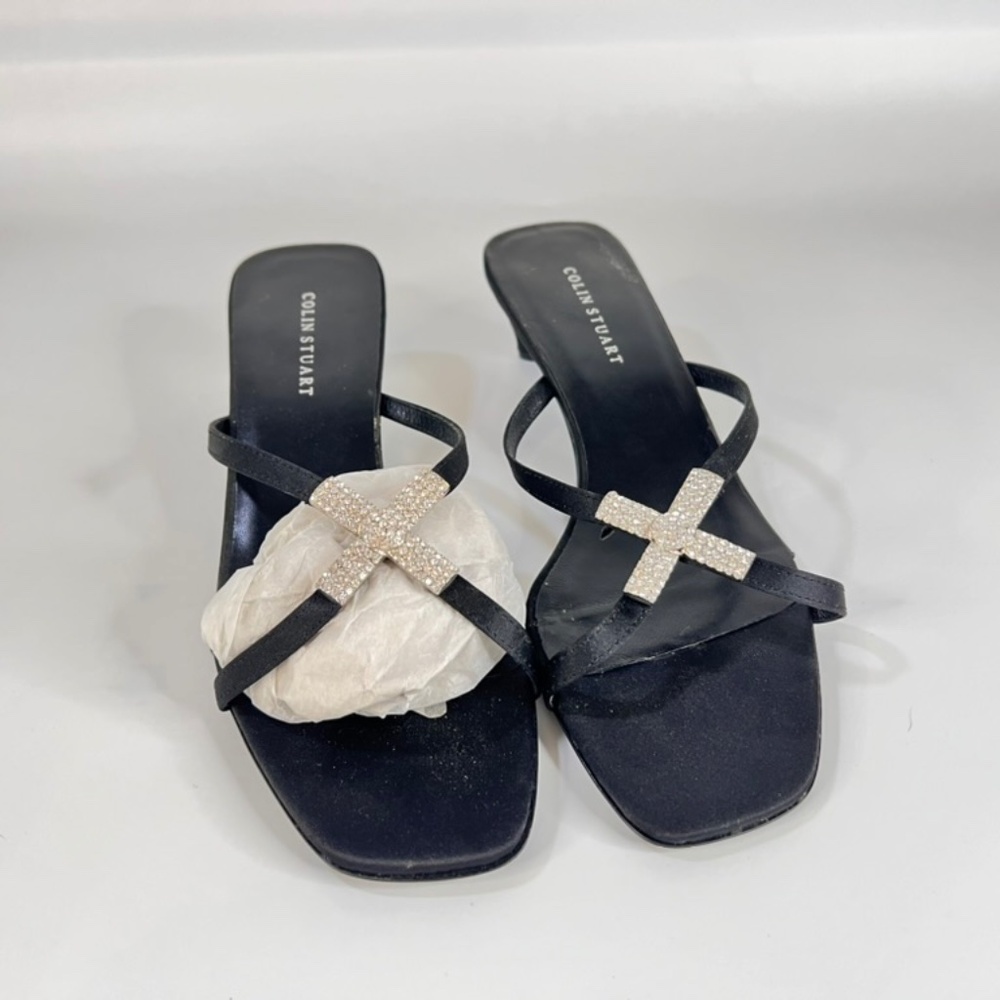 Colin Stuart Black Satin Sandals | Size 7 | Crystal X | 2” Heel | NWT